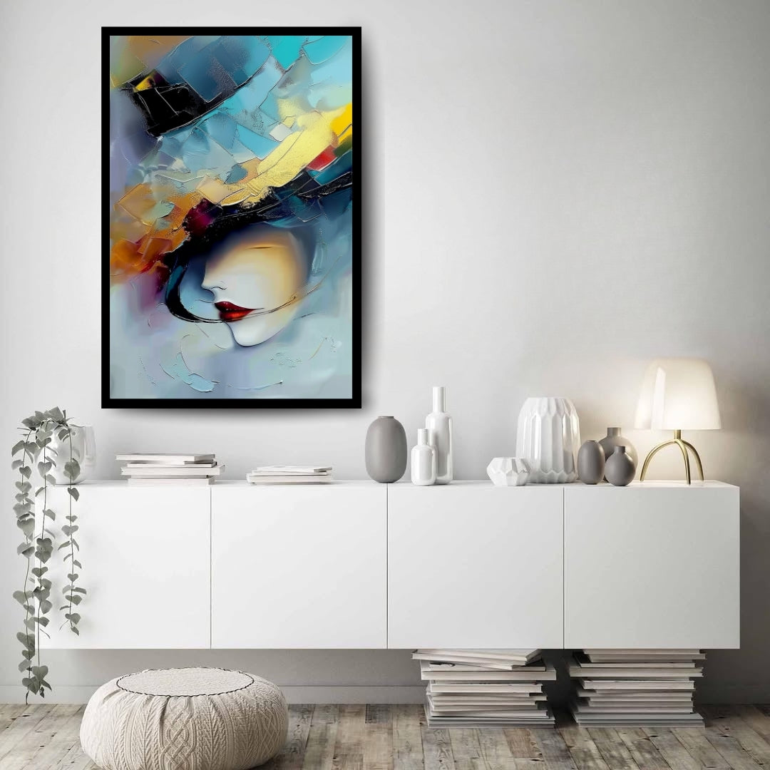 Shards of Her abstract painting – fragmented female face with vivid colors, red lips, and geometric strokes from ArtixHub