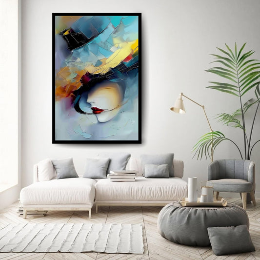 Shards of Her abstract painting, fragmented female face with vivid colors, red lips