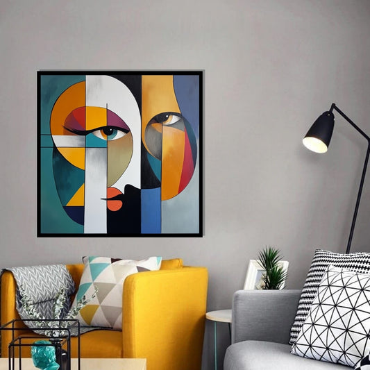Shards of Perception, abstract geometric portrait with vivid colors and stylized faces