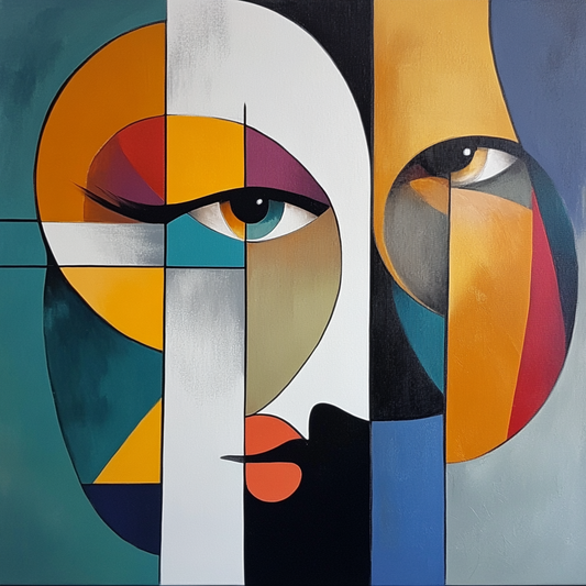Shards of Perception – abstract geometric portrait with vivid colors and stylized faces, available on ArtixHub