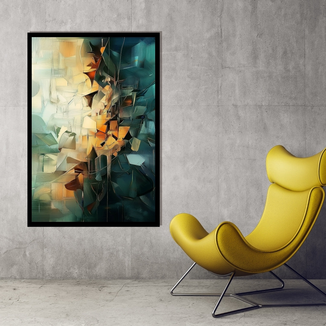 Shattered Bloom by Lior Ezan – abstract geometric painting in rich amber, teal, and charcoal tones. Available at ArtixHub.