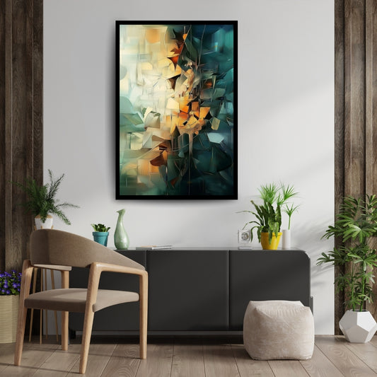 Shattered Bloom by Lior Ezan – abstract geometric painting in rich amber, teal, and charcoal tones. Available at ArtixHub.