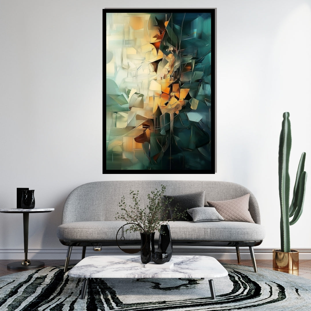Shattered Bloom by Lior Ezan – abstract geometric painting in rich amber, teal, and charcoal tones. Available at ArtixHub.