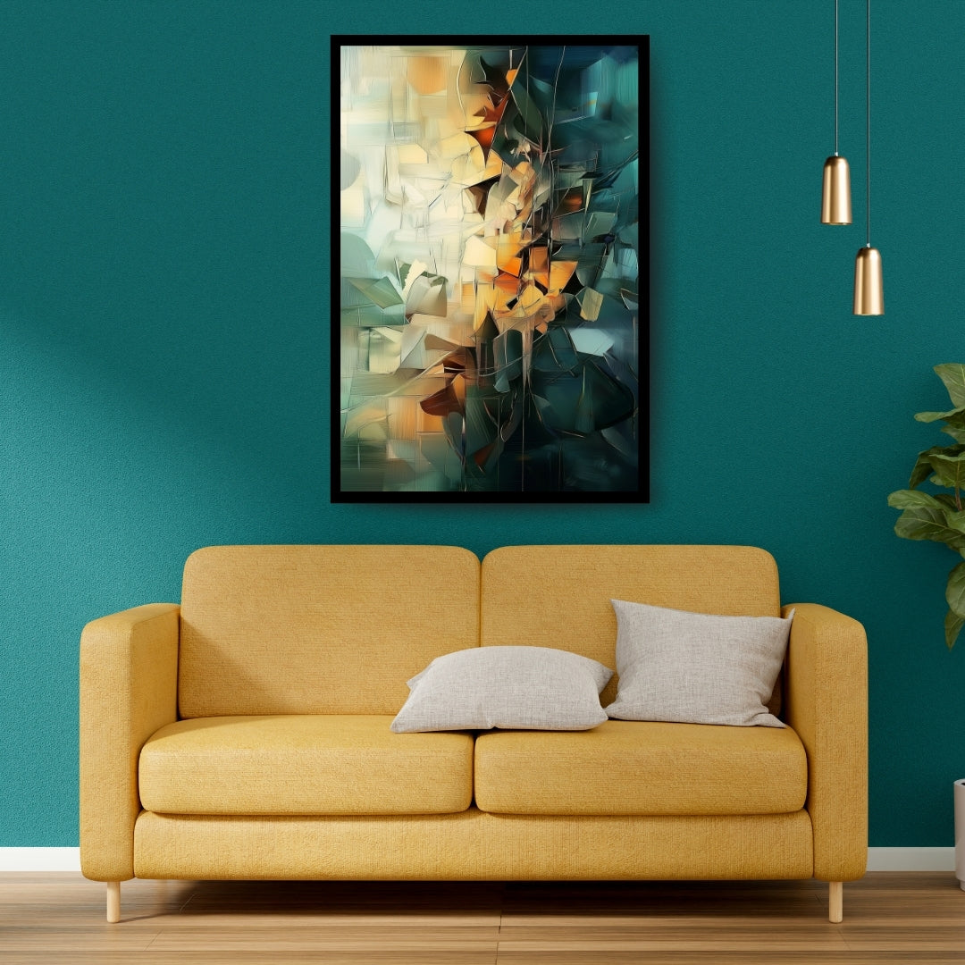 Shattered Bloom by Lior Ezan – abstract geometric painting in rich amber, teal, and charcoal tones. Available at ArtixHub.