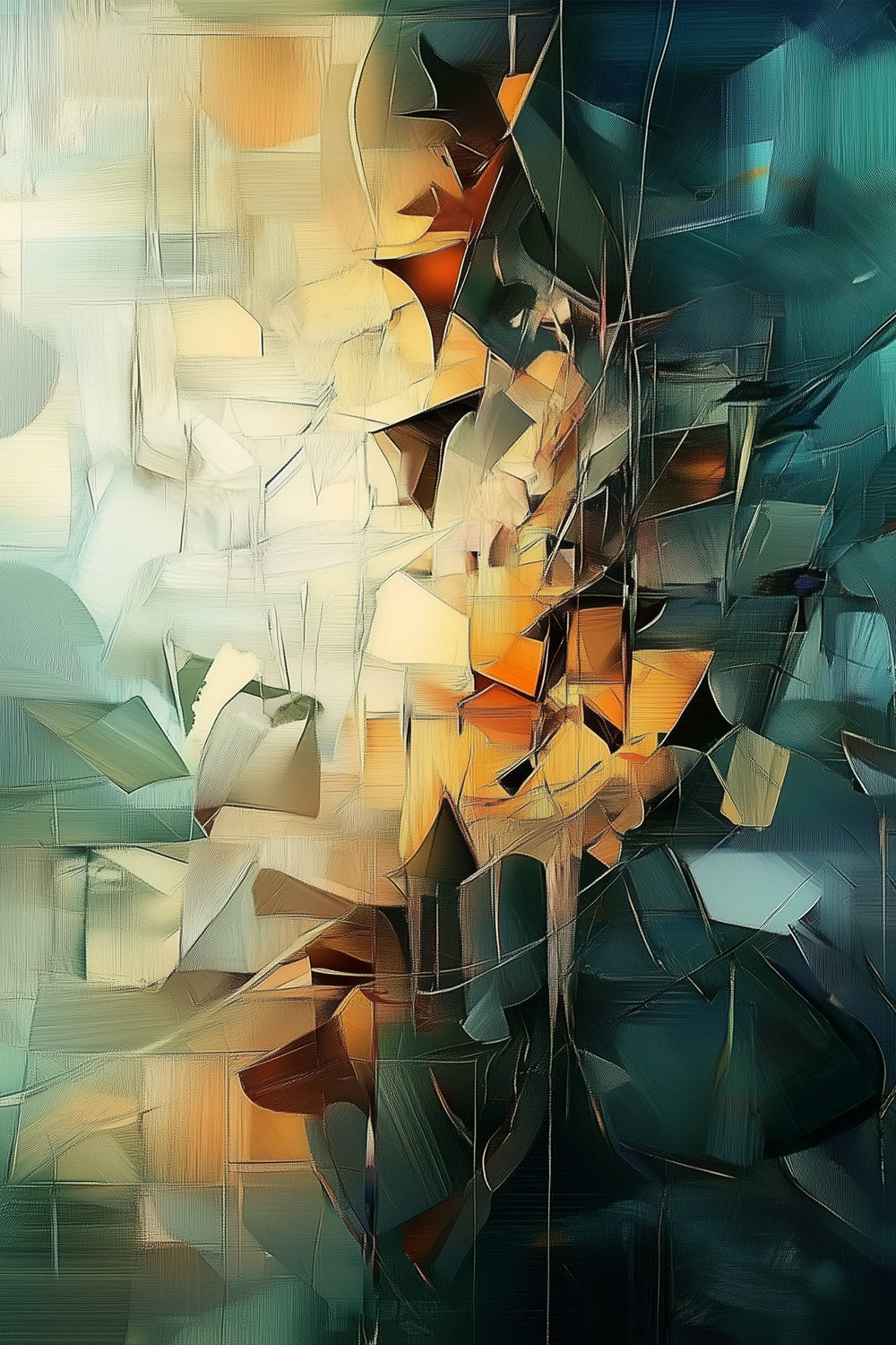 Shattered Bloom by Lior Ezan – abstract geometric painting in rich amber, teal, and charcoal tones. Available at ArtixHub.