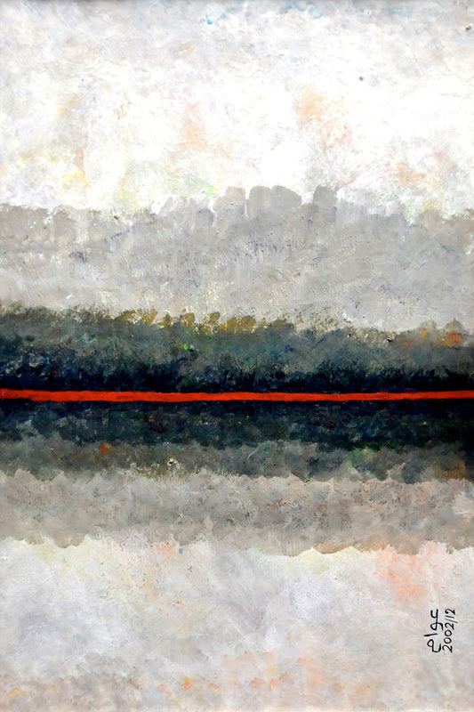 صمت الأفق (Silence of Horizon) – abstract minimalist painting with layered horizontal textures and a single red line, by Ibrahim Al Awam