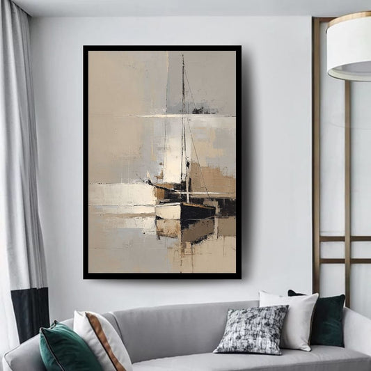 Silent Moor, minimalist coastal painting of a sailboat reflected on calm neutral waters
