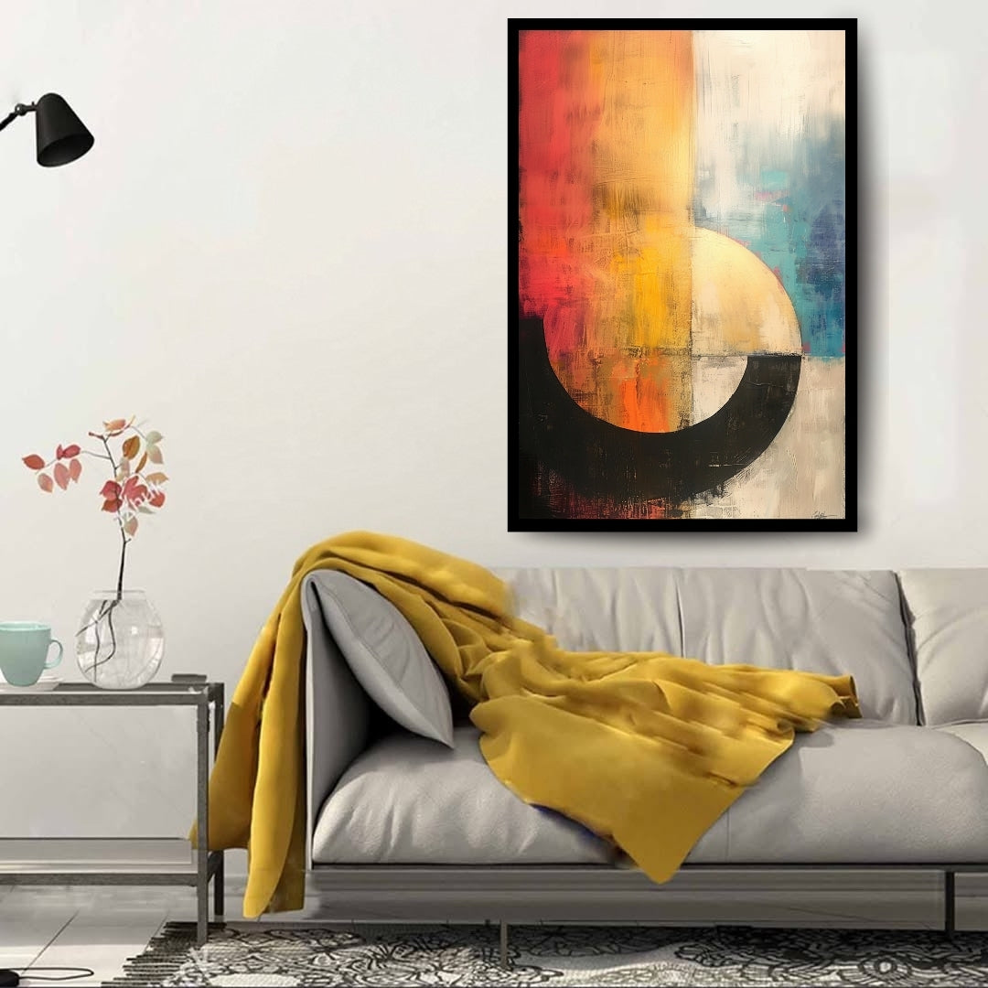 Solar Flare abstract painting – curved black arc with glowing orange, red, teal, and ivory textures, listed on ArtixHub