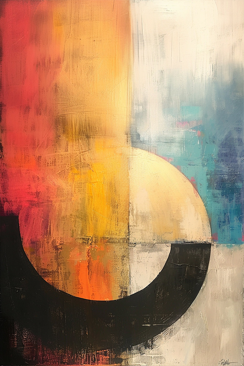 Solar Flare abstract painting – curved black arc with glowing orange, red, teal, and ivory textures, listed on ArtixHub