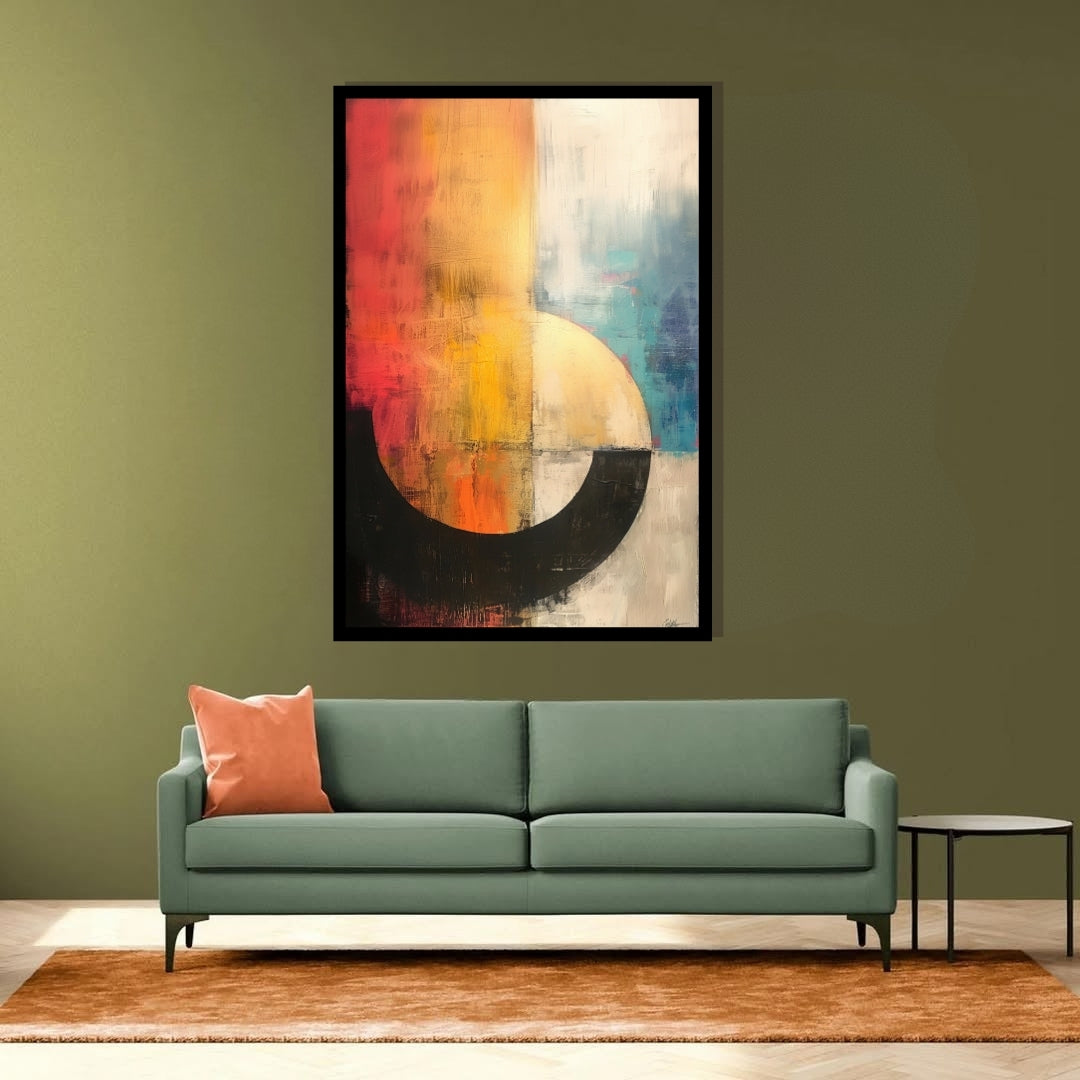 Solar Flare abstract painting – curved black arc with glowing orange, red, teal, and ivory textures, listed on ArtixHub