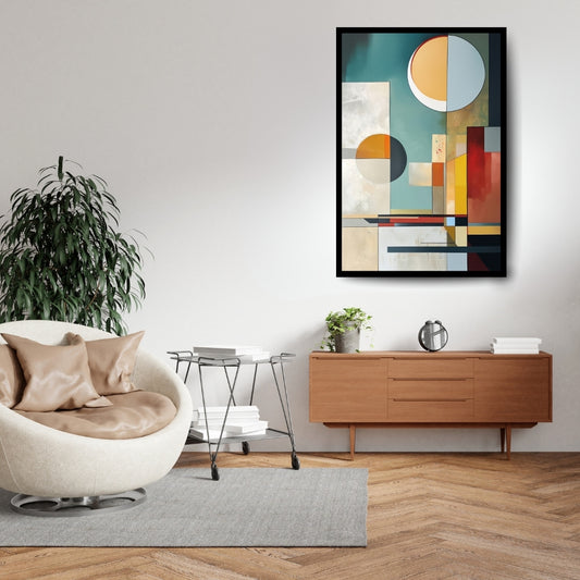 Solar Syntax abstract artwork with circles and geometric color blocks in teal, orange, red, and cream tones from ArtixHub