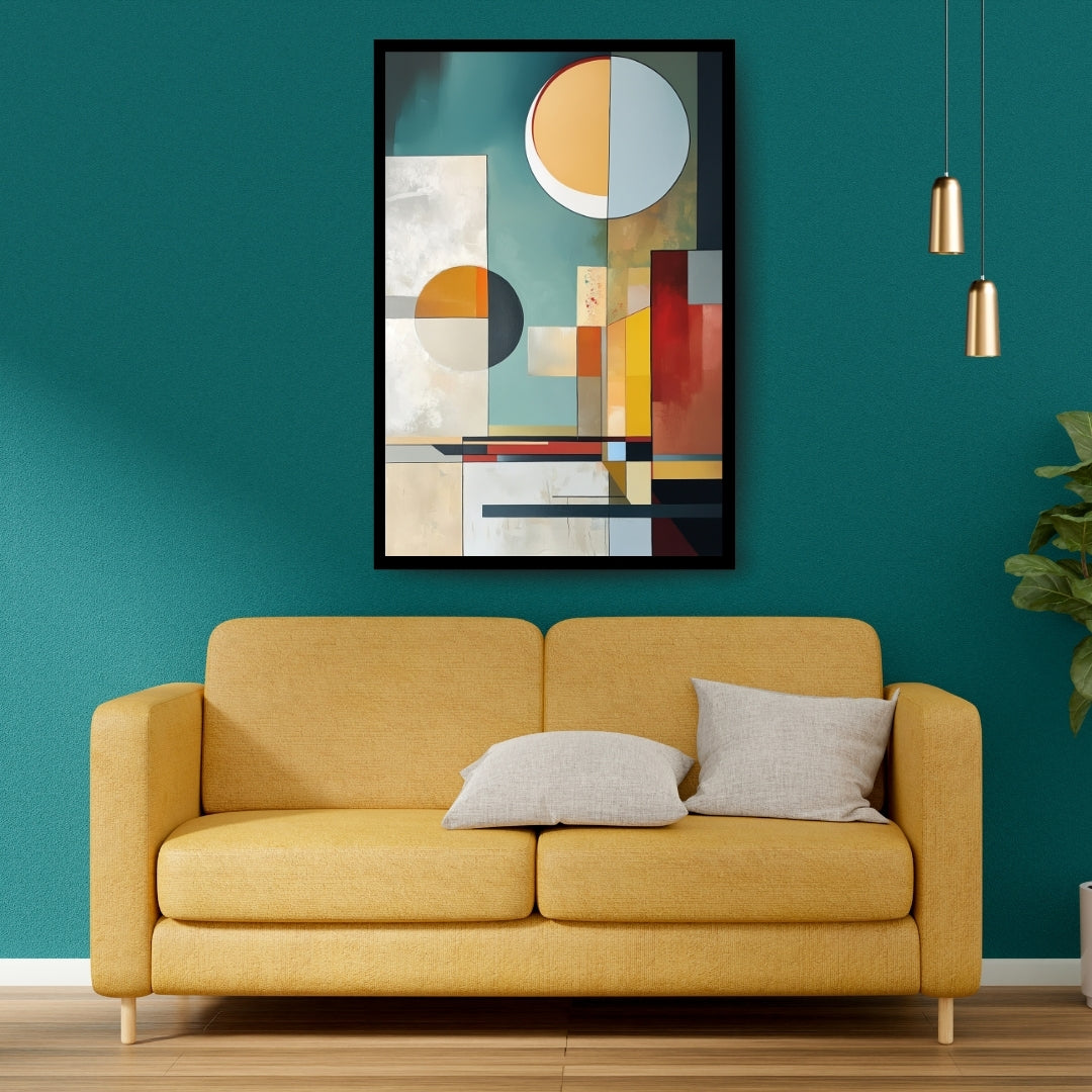 Solar Syntax abstract artwork with circles and geometric color blocks in teal, orange, red, and cream tones from ArtixHub