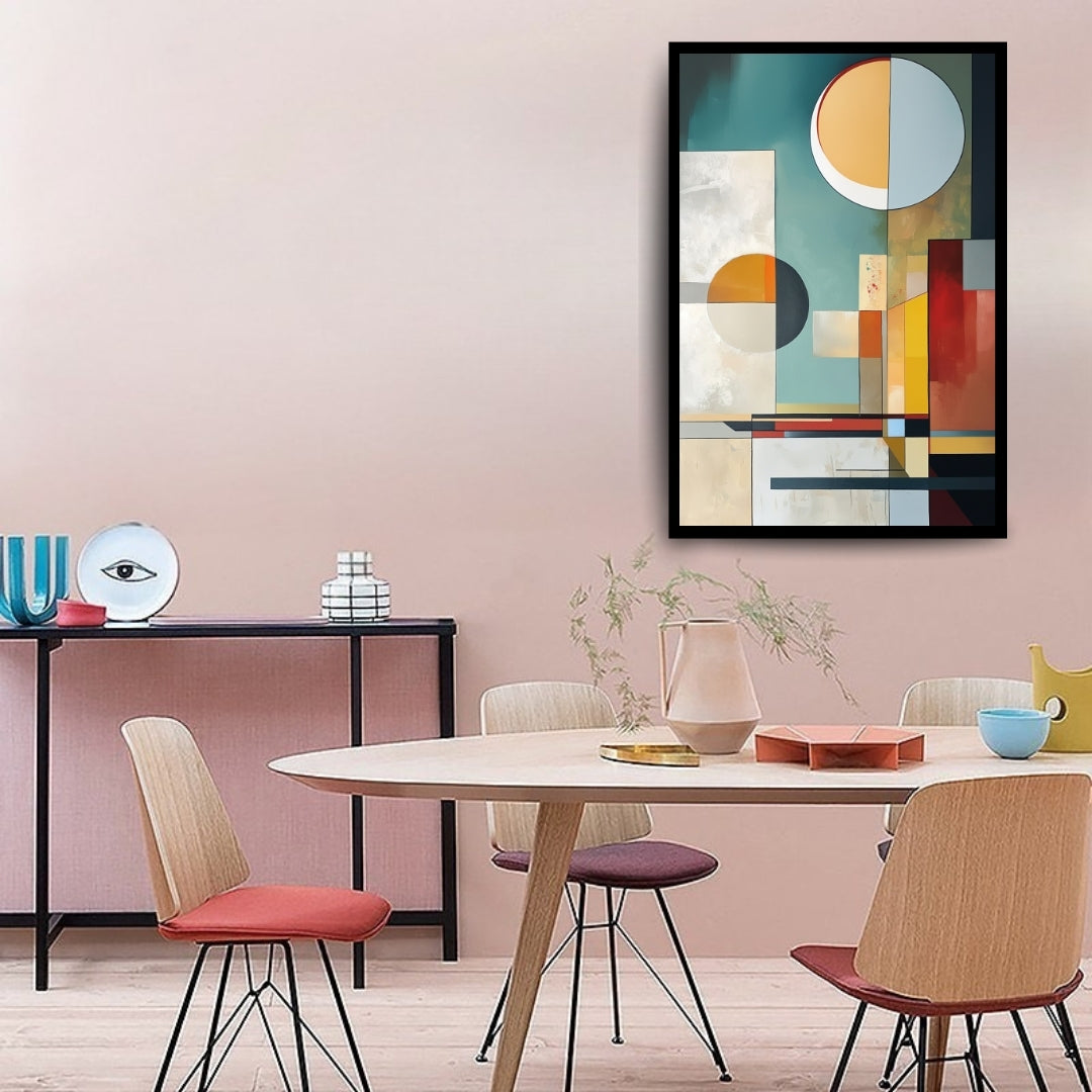 Solar Syntax abstract artwork with circles and geometric color blocks in teal, orange, red, and cream tones from ArtixHub