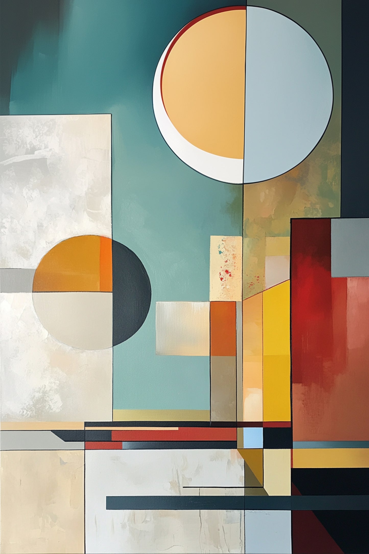 Solar Syntax abstract artwork with circles and geometric color blocks in teal, orange, red, and cream tones from ArtixHub