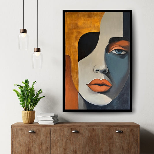 Split Gaze painting – abstract portrait of a woman’s face in orange, black, and blue-gray color blocks, listed on ArtixHub