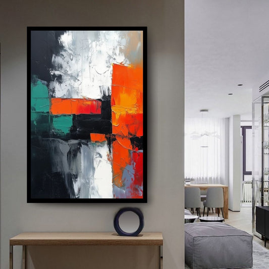 Split Signal by Lior Ezan – abstract geometric painting in vibrant orange, teal, black, and white tones on ArtixHub
