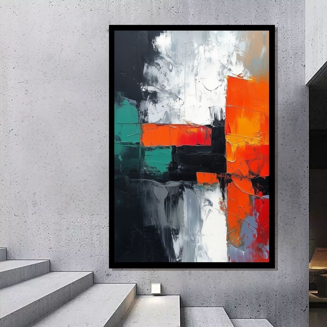 Split Signal by Lior Ezan – abstract geometric painting in vibrant orange, teal, black, and white tones on ArtixHub