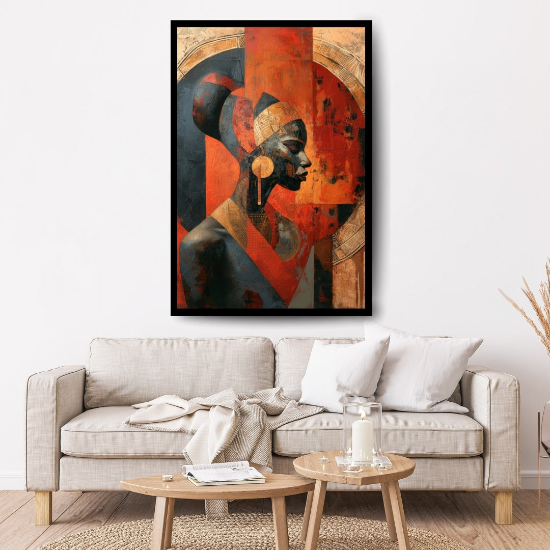Artistic depiction of a figure with a stylized background. Stand Alone – African figurative abstract portrait of a woman in profile with bold red, black, and gold tones by Amina Diallo