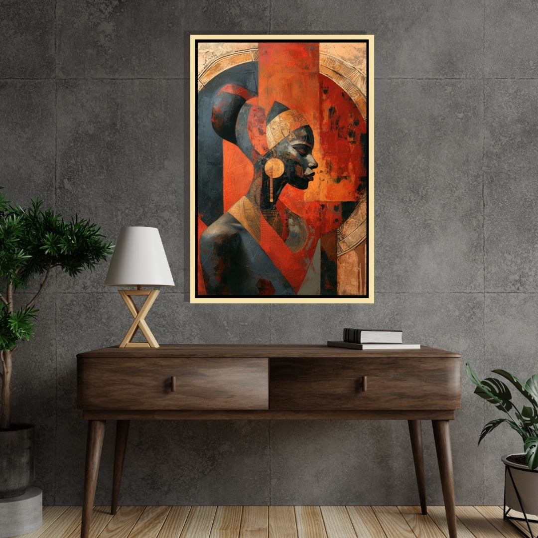 Artistic depiction of a figure with a stylized background. Stand Alone – African figurative abstract portrait of a woman in profile with bold red, black, and gold tones by Amina Diallo