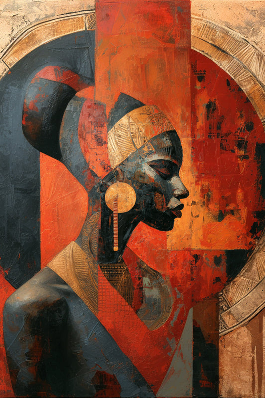 Artistic depiction of a figure with a stylized background. Stand Alone – African figurative abstract portrait of a woman in profile with bold red, black, and gold tones by Amina Diallo
