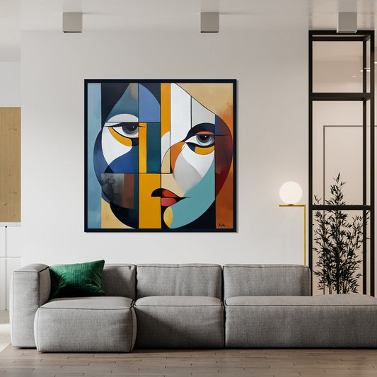Stare Fractured, abstract geometric painting of a stylized face with sharp color blocks