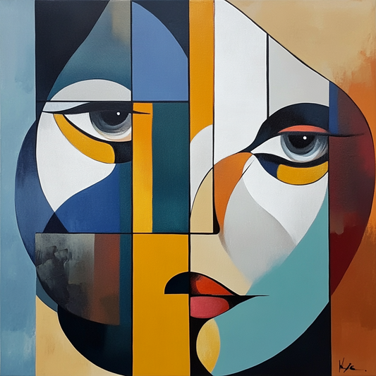 Stare Fractured – abstract geometric painting of a stylized face with sharp color blocks and emotional expression, available on ArtixHub