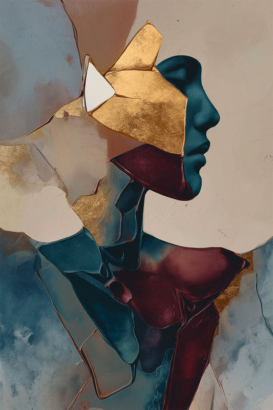 Strata – surreal figurative portrait with gold geometric layers and blue profile, available on ArtixHub