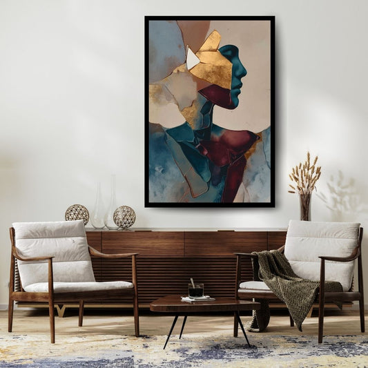 Strata, surreal figurative portrait with gold geometric layers and blue profile
