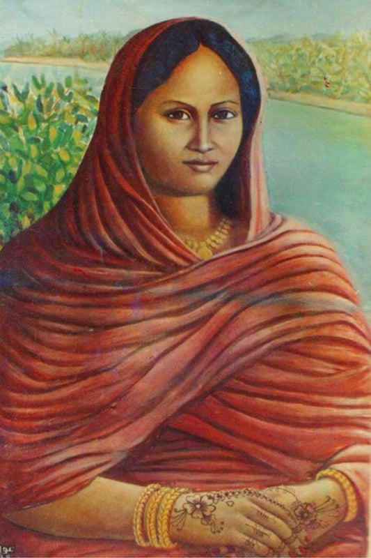 Woman in a red shawl with a blurred natural background. Sudanese Mona Lisa – portrait of a woman in a red draped shawl with henna and gold jewelry by Professor Ibrahim Al Awam, ArtixHub