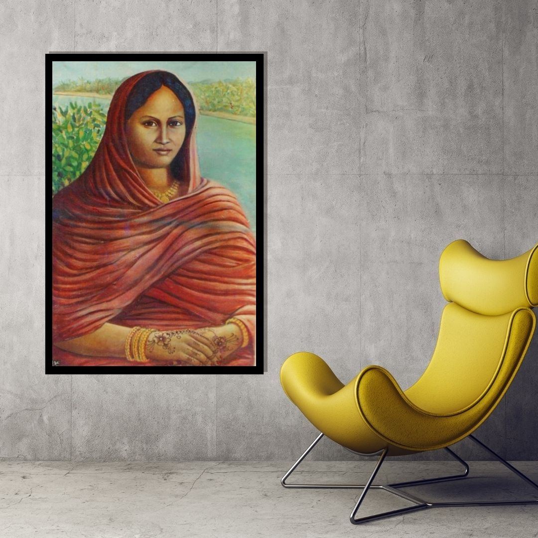 Woman in a red shawl with a blurred natural background. Sudanese Mona Lisa – portrait of a woman in a red draped shawl with henna and gold jewelry by Professor Ibrahim Al Awam, ArtixHub