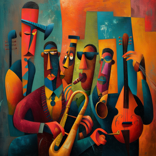 Colorful abstract painting of musical instruments and figures. The Fifth Set – abstract jazz band painting with saxophone and double bass by Amina Diallo