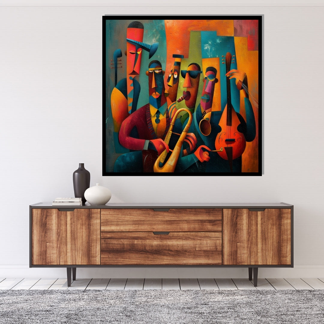 Colorful abstract painting of musical instruments and figures. The Fifth Set – abstract jazz band painting with saxophone and double bass by Amina Diallo