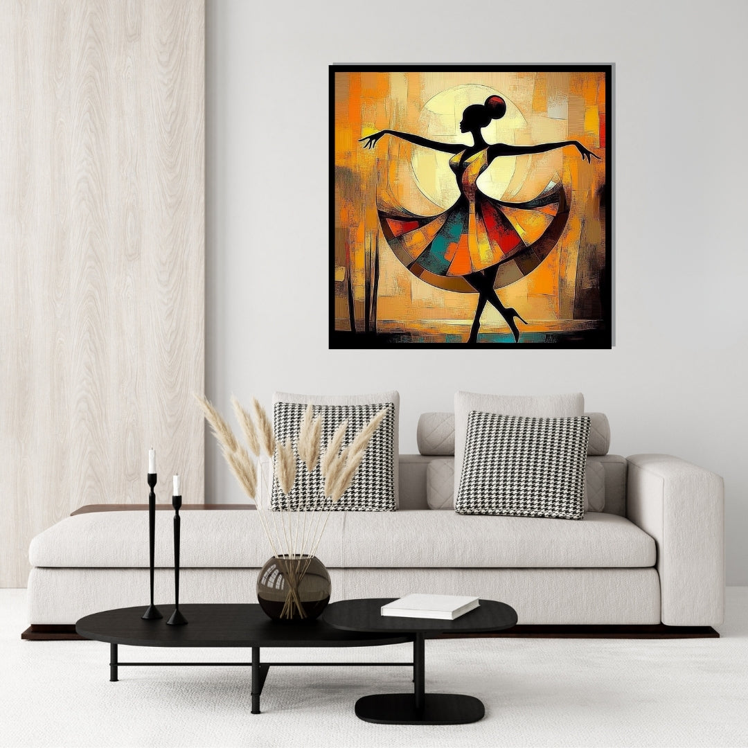 Abstract painting of a dancer with colorful, swirling patterns on an abstract background. The Geometry of Joy – African abstract dancer in a geometric patterned dress by Amina Diallo