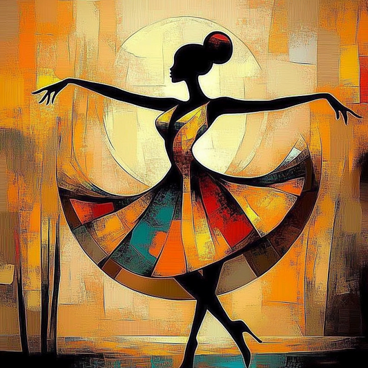 Abstract painting of a dancer with colorful, swirling patterns on an abstract background. The Geometry of Joy – African abstract dancer in a geometric patterned dress by Amina Diallo