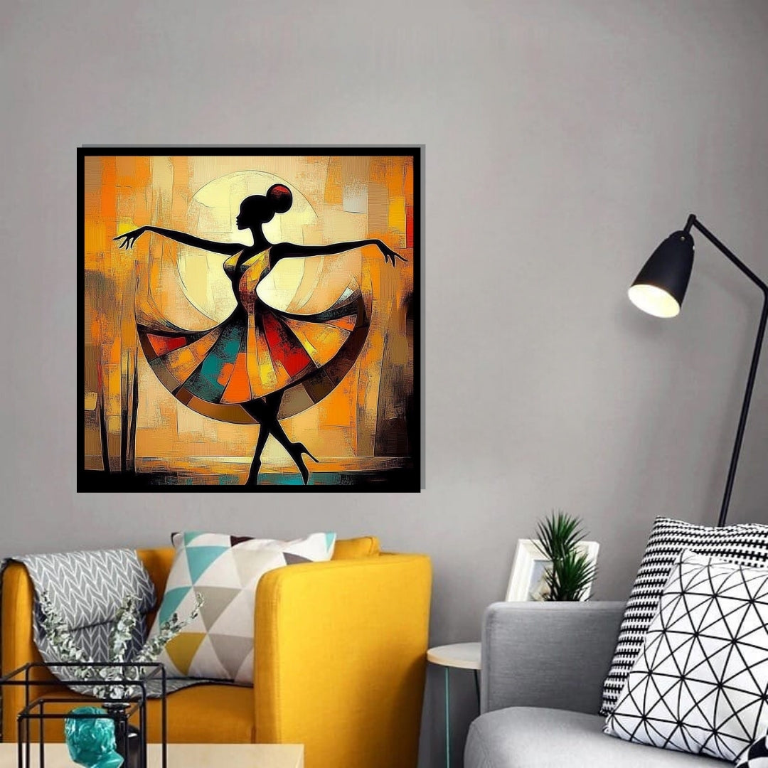 Abstract painting of a dancer with colorful, swirling patterns on an abstract background. The Geometry of Joy – African abstract dancer in a geometric patterned dress by Amina Diallo