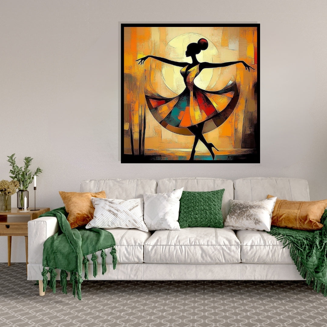Abstract painting of a dancer with colorful, swirling patterns on an abstract background. The Geometry of Joy – African abstract dancer in a geometric patterned dress by Amina Diallo