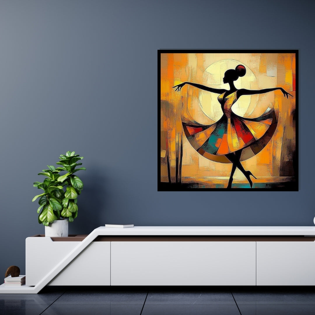 Abstract painting of a dancer with colorful, swirling patterns on an abstract background. The Geometry of Joy – African abstract dancer in a geometric patterned dress by Amina Diallo