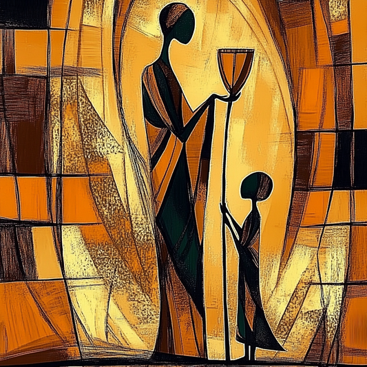 Abstract artwork of two figures holding a cup against an orange and brown geometric background. The Offering – African abstract painting of mother and child exchanging a ceremonial vessel by Amina Diallo