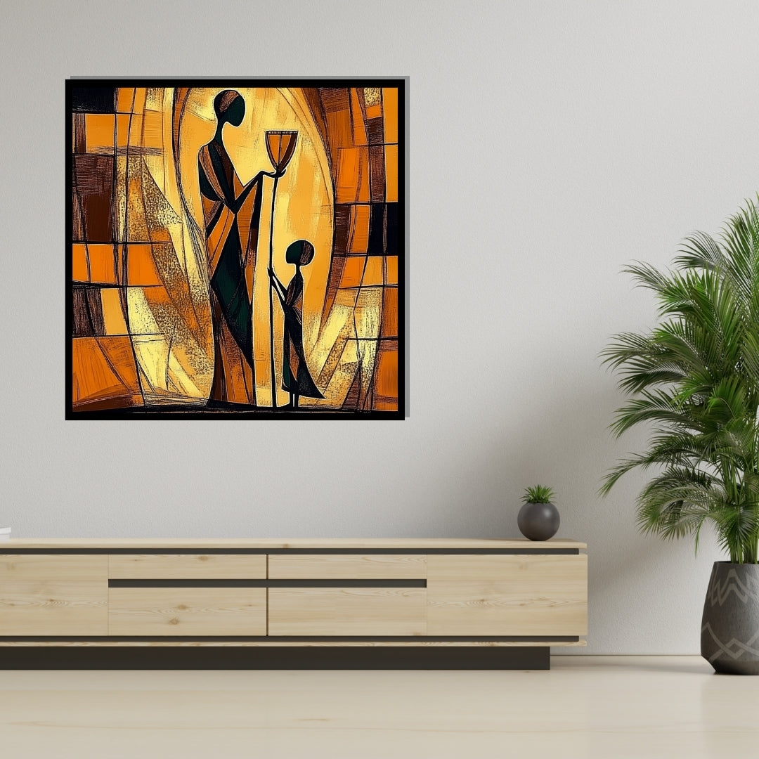 Abstract artwork of two figures holding a cup against an orange and brown geometric background. The Offering – African abstract painting of mother and child exchanging a ceremonial vessel by Amina Diallo