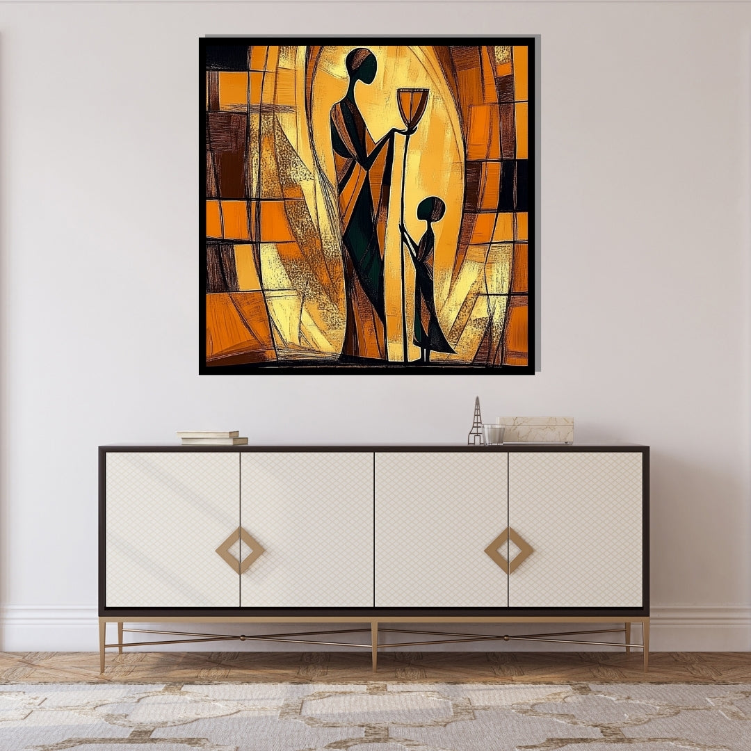 Abstract artwork of two figures holding a cup against an orange and brown geometric background. The Offering – African abstract painting of mother and child exchanging a ceremonial vessel by Amina Diallo