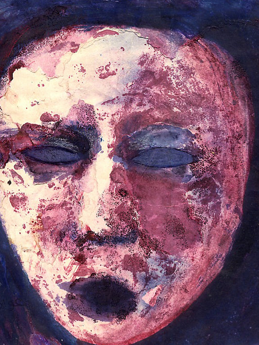 Abstract art piece with a face-like shape in pink, purple, and blue tones. The Scream (صرخة) – expressionist figurative painting by Professor Ibrahim Al Awam, ArtixHub