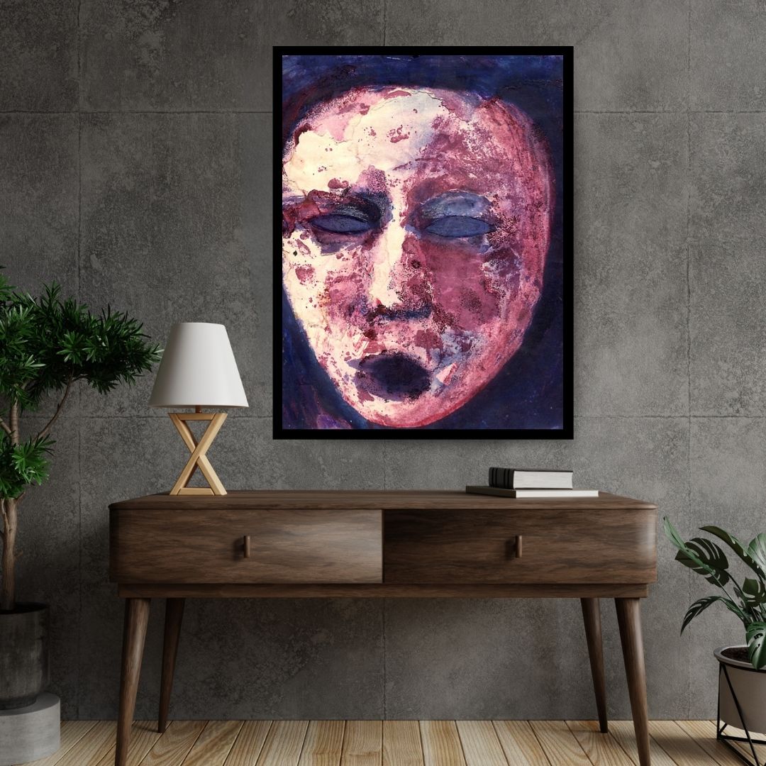 Abstract art piece with a face-like shape in pink, purple, and blue tones. The Scream (صرخة) – expressionist figurative painting by Professor Ibrahim Al Awam, ArtixHub