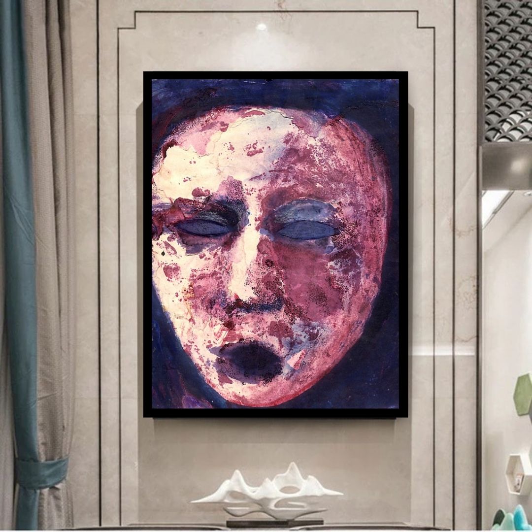 Abstract art piece with a face-like shape in pink, purple, and blue tones. The Scream (صرخة) – expressionist figurative painting by Professor Ibrahim Al Awam, ArtixHub