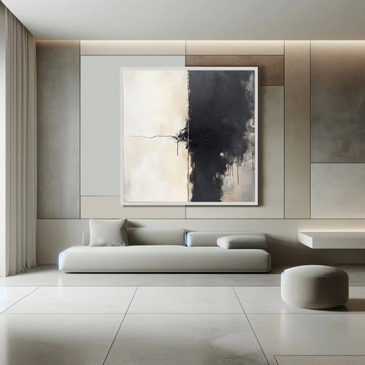 The Thread Between, minimalist abstract painting with black and white contrast