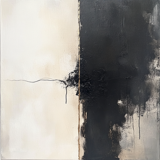 The Thread Between – minimalist abstract painting with black and white contrast, central tension line, and textured detail, available on ArtixHub