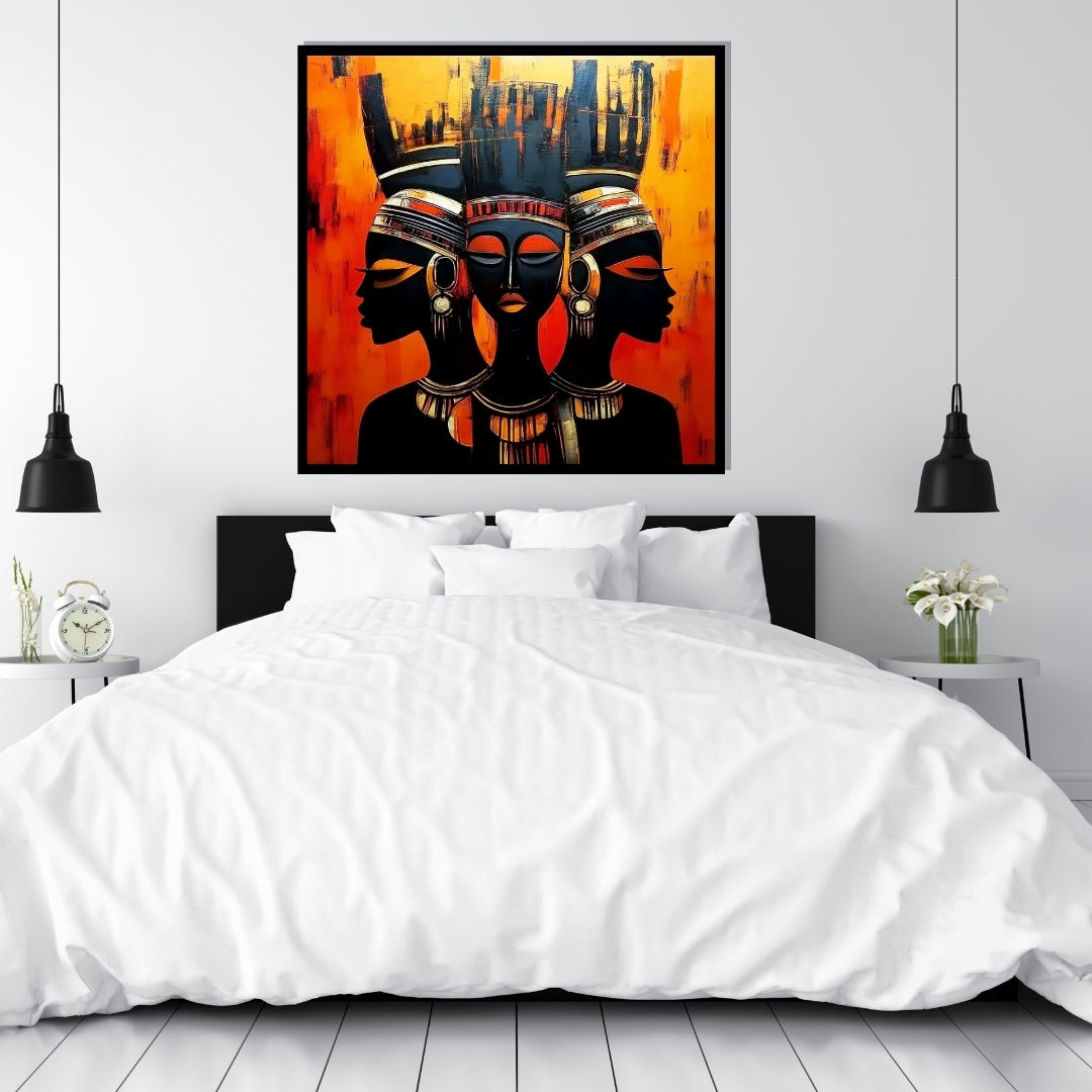 Artistic depiction of three faces with intricate headpieces on an orange and black background. The Trinity of Her – African abstract portrait of three women in harmony with tribal adornments by Amina Diallo
