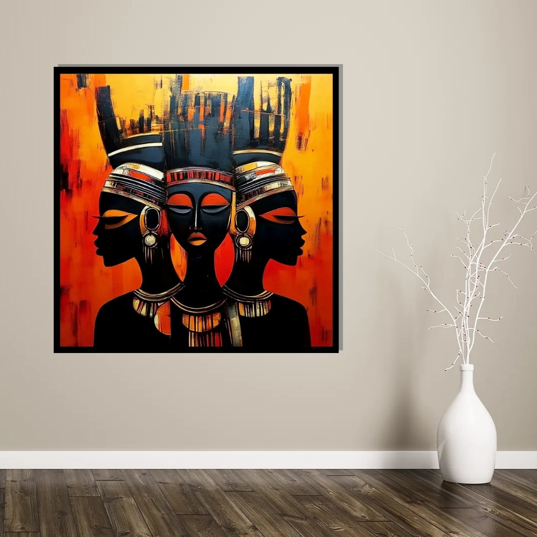 Artistic depiction of three faces with intricate headpieces on an orange and black background. The Trinity of Her – African abstract portrait of three women in harmony with tribal adornments by Amina Diallo