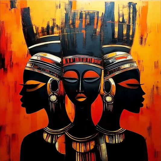 Artistic depiction of three faces with intricate headpieces on an orange and black background. The Trinity of Her – African abstract portrait of three women in harmony with tribal adornments by Amina Diallo