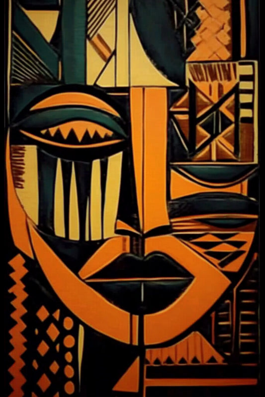 Abstract art of a face with geometric patterns in orange, black, and green on a black background. Tribal Geometry – African abstract geometric face painting in bold orange, black, and green patterns by Amina Diallo