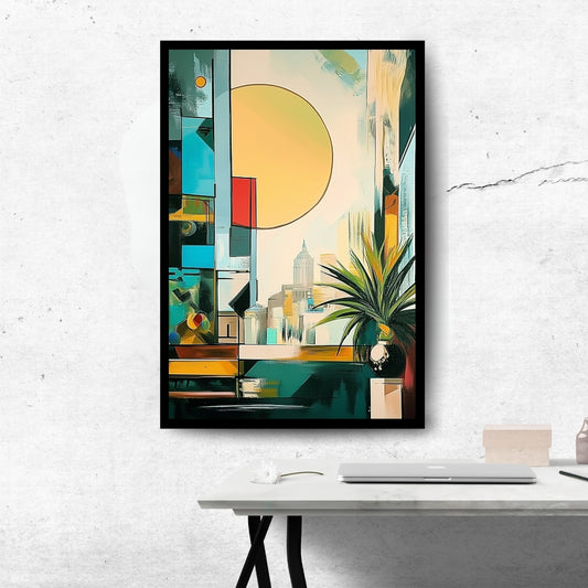 Tropical Metropolis, abstract cityscape with bright geometric blocks, large sun, and indoor plant